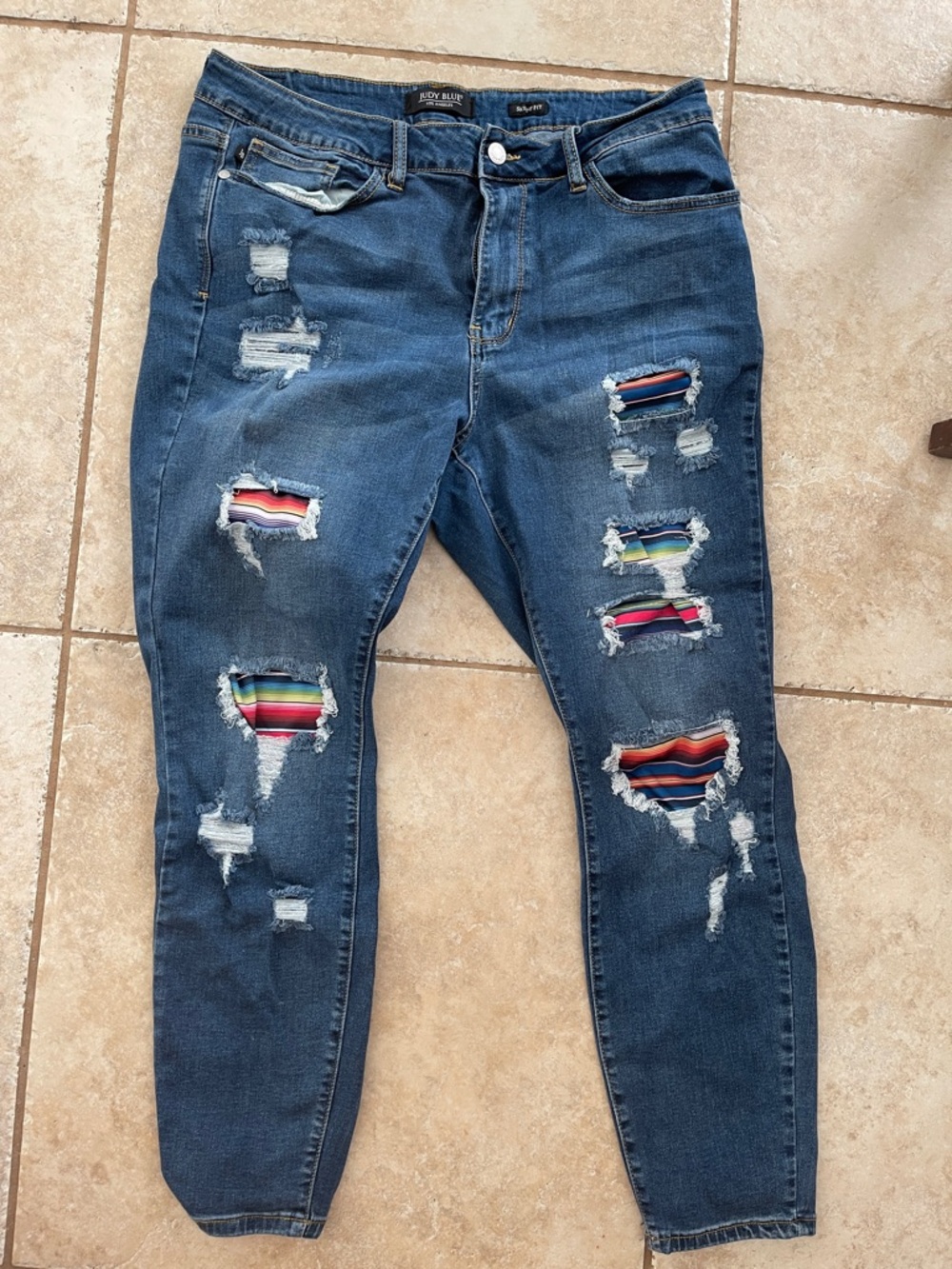 Judy Blue Dark Blue Distressed Boyfriend Jeans with Multicolor Serape Insets